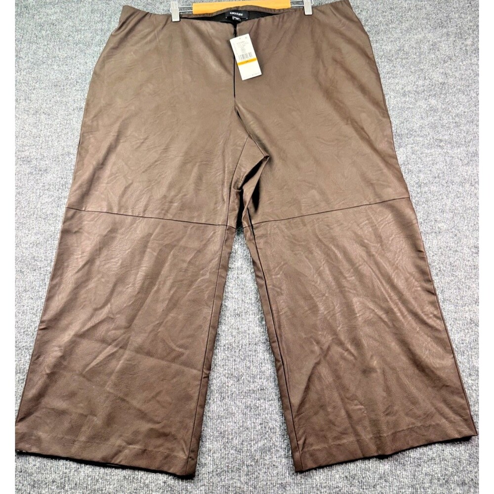Karen Kane Vegan Leather Cropped Wide Leg Size 3X Pants Front Zip Pull On Brown